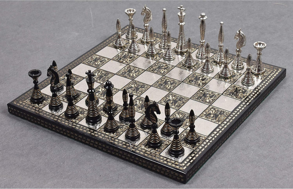 Solid Brass Metal Tribal Artwork Warli Luxury Chess Pieces & Board Set- 12" - Silver & Black... - Set of 32