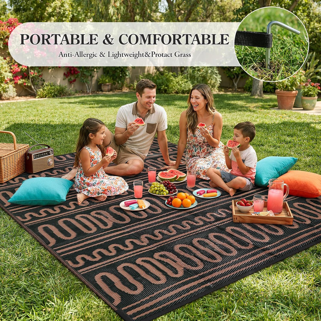 Outdoor Rug Waterproof, Reversible Plastic Straw Rug for Deck, Backyard, RV Camping, Black Brown