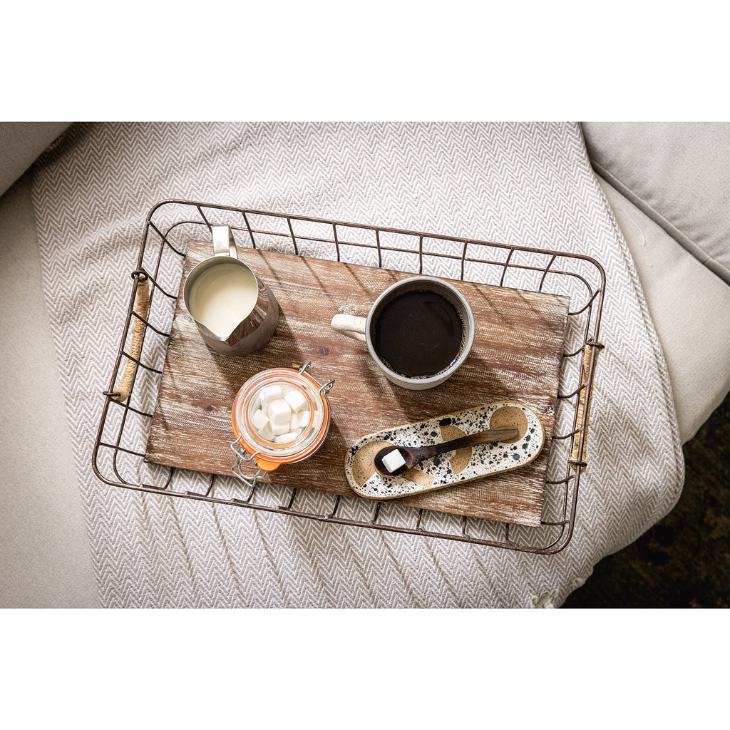 Stackable 2pc Rectangle Metal Wire and Wood Basket Set with Rope Wrapped Handles, Rustic Decor Storage, Decorative