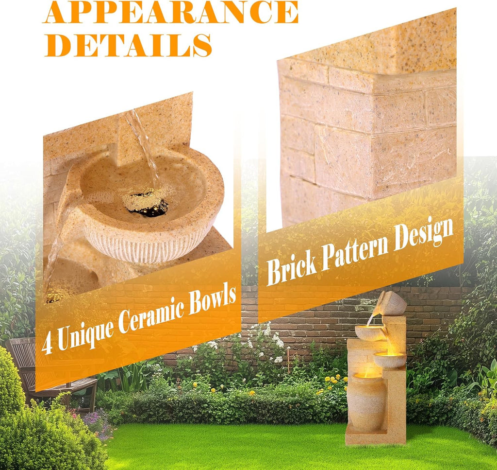 4-Tier Outdoor Garden Water Fountain, 32" H Freestanding Resin Cascading Bowls Fountain with LEDs and Pump