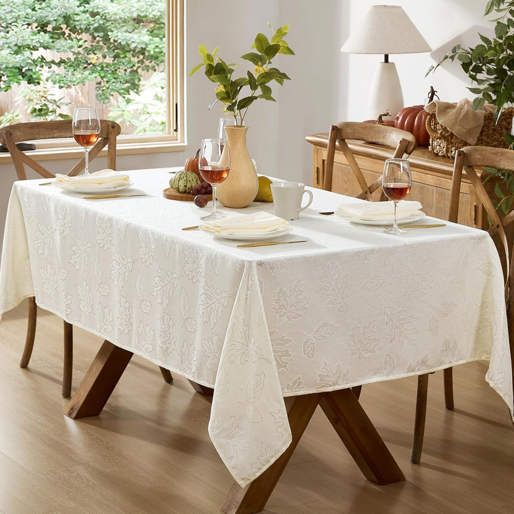 Ivory Fancy Leaves Damask Fabric Holiday Tablecloth, 52 x 70 Inch Rectangle, Elegant Swirling Leaf P