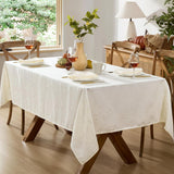 Ivory Fancy Leaves Damask Fabric Holiday Tablecloth, 52 x 70 Inch Rectangle, Elegant Swirling Leaf P