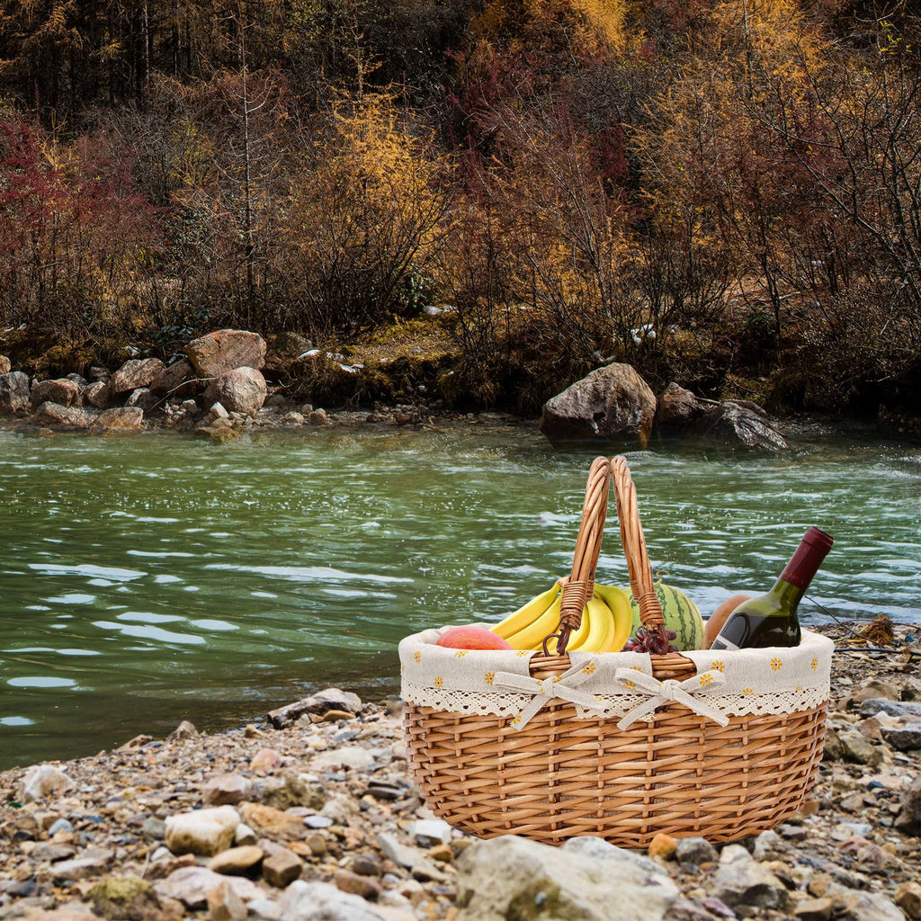 Good GAIN Wicker Picnic Basket w/Fold Handles, Willow Empty Baskets, Yellow