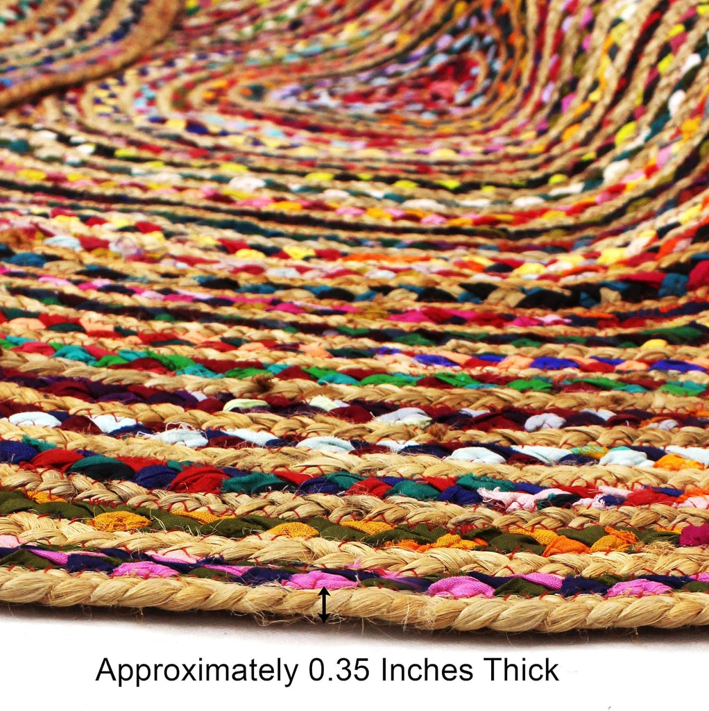 Jute Chindi Braid Rag Rug - 7 Feet Round Multi Color Area Rug | Handwoven Reversible Jute & Natural Recycled Cotton