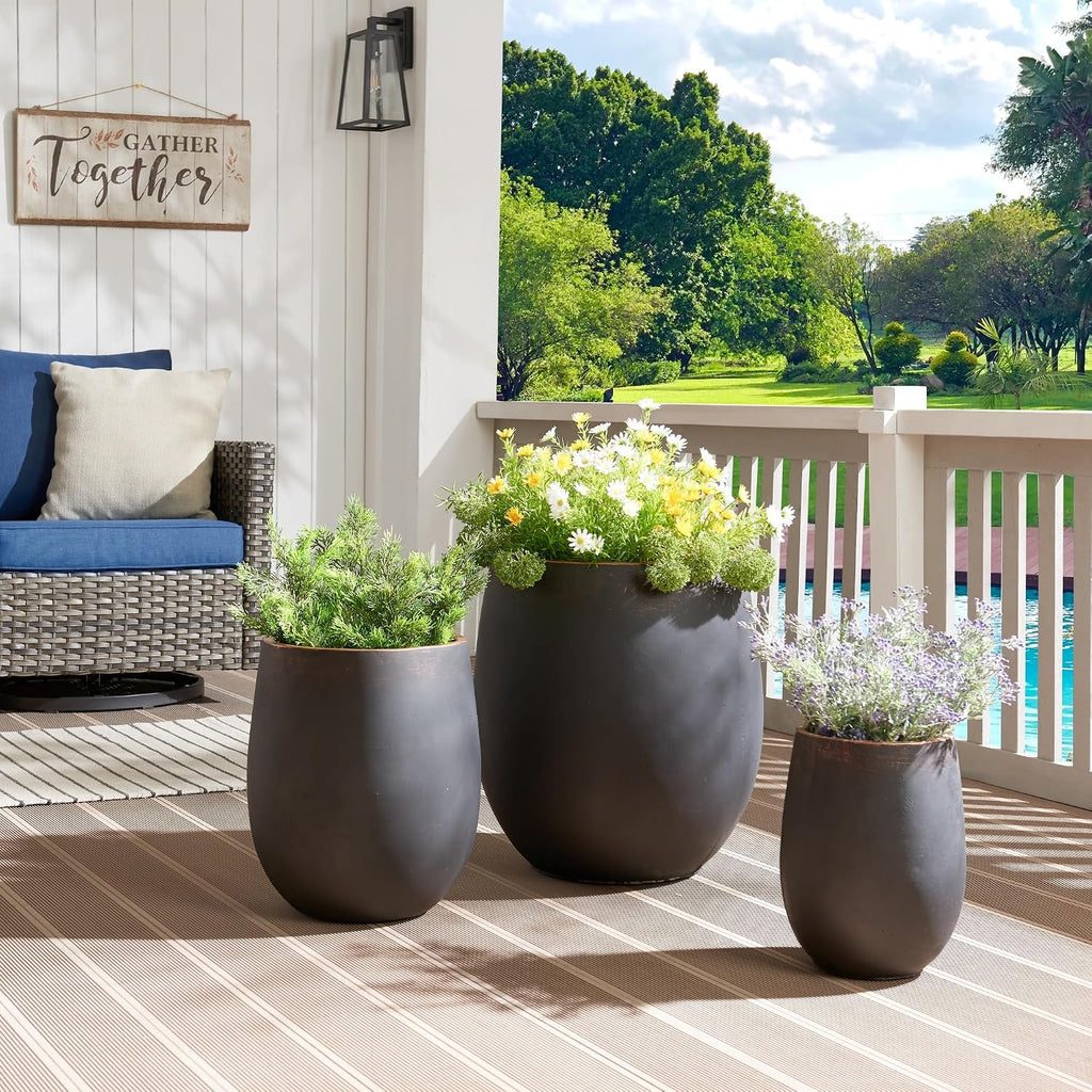 17.7"+13.3"+9.5" Round Weathered Concrete Planters Set of 3 | Handcrafted, Drainage Hole & Plug, Large Indoor Outdoor