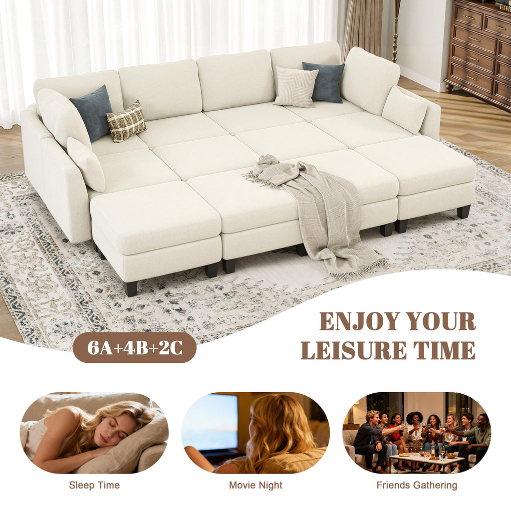 Sectional Sleeper Sofa, 8 Seaters Modular Sleeper Sofa Couch, Beige