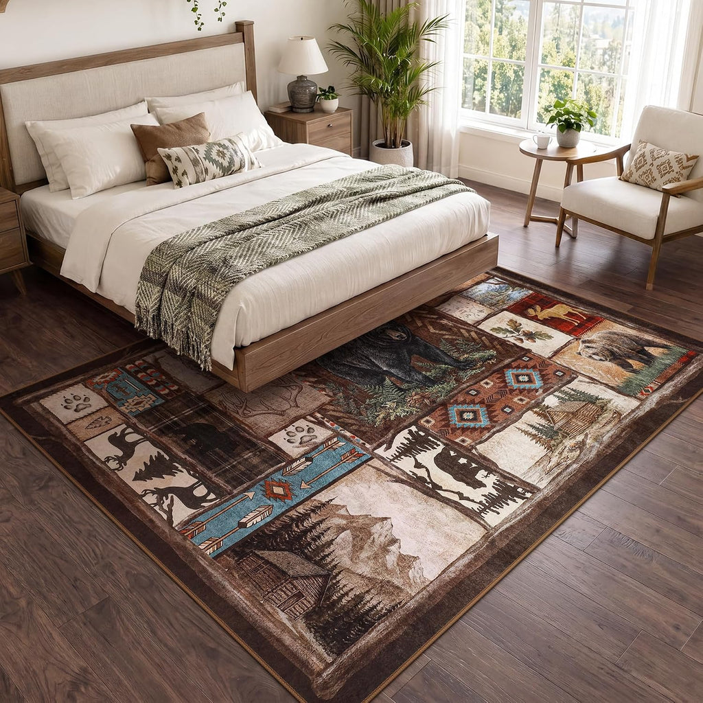 Washable Southwestern Area Rugs, Low Pile Soft Bear Rug, Non Slip Rustic Cabin Indoor Dining Room Patchwork