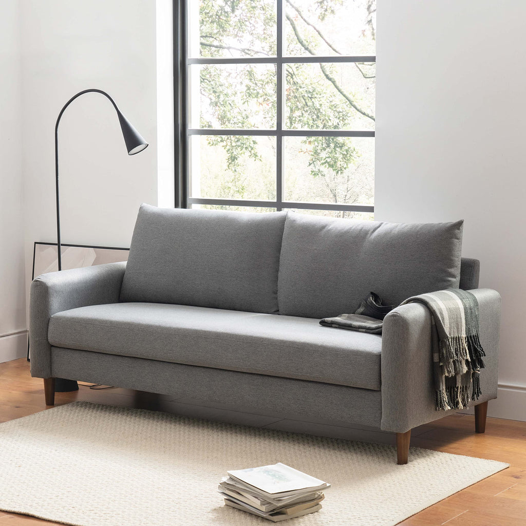 MAE Mid-Century Modern Curved Arm Sofa with Solid Wood Legs, Light Grey