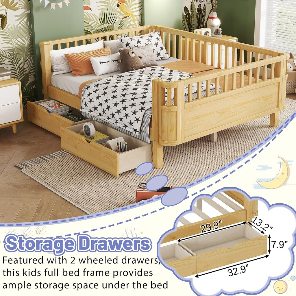 Bed Frame for Kids with Rails, Montessori Bed with Storage Drawers, Low Profile Platform Beds with Pine