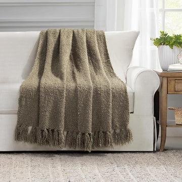 Tulum Boucle Textured Woven Fringed Throw Blanket Single 50" W x 60" L Neutral - Soft Cozy Blanket for Bed, Couch Or