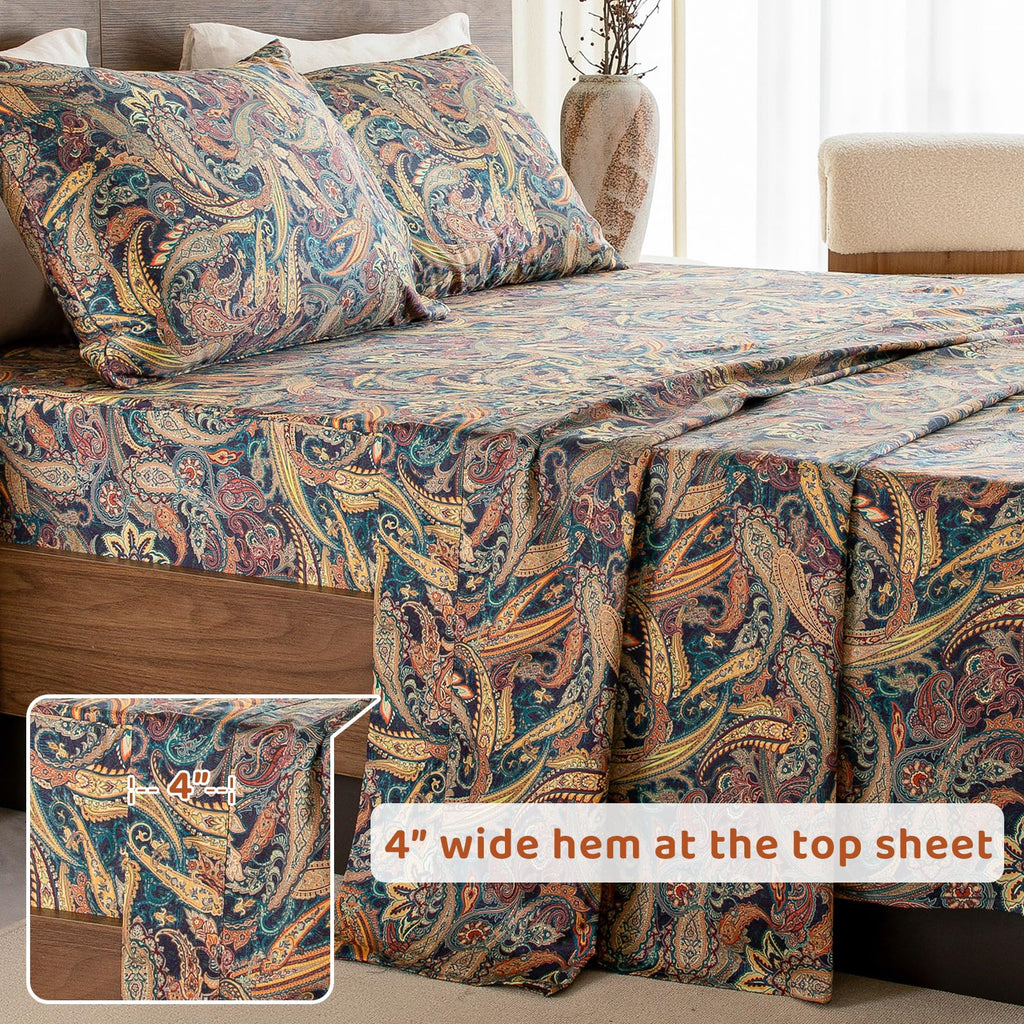 Boho Bed Sheets Queen Size - 100% Egyptian Cotton Sheets Elegant Paisley Flower Pattern Printed Bedding Sheets Queen