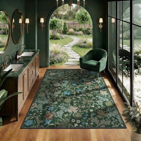 Forest Green Floral Area Rug 3x5 for Entryway, Washable Vintage Farmhouse Botanical Rug, Non Slip Lo