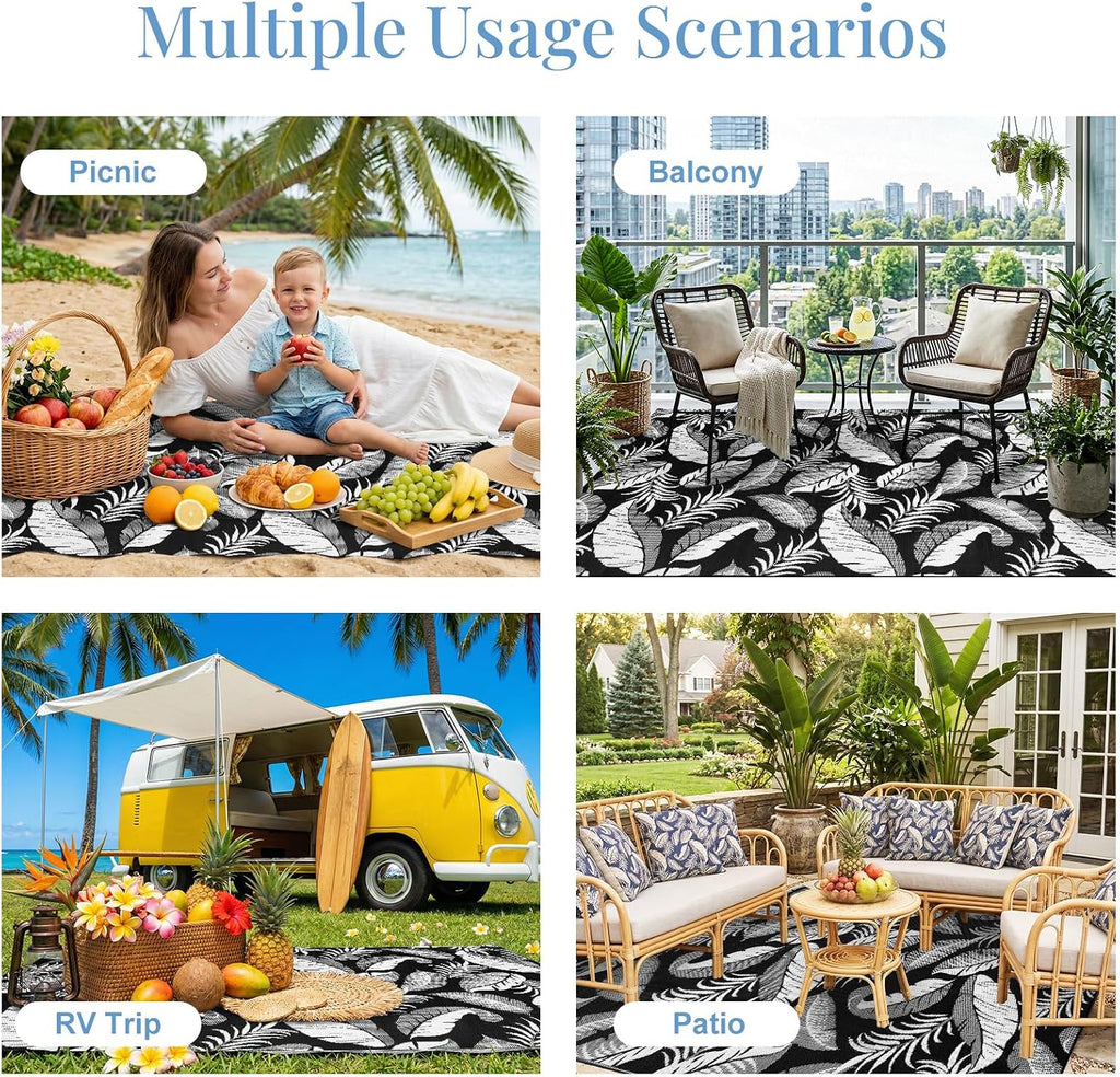 Reversible Outdoor Rug, Waterproof Outdoor Plastic Straw Rug, Tropical Leaf RV Camping Rugs for Outside, Deck