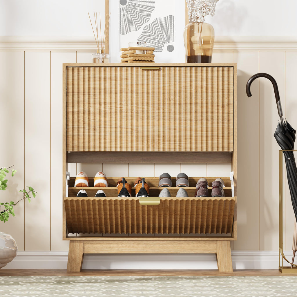Shoe Cabinet Storage with 2 Flip Drawers, Fluted Narrow Shoe Organizer with Wooden Legs, Freestanding Slim Shoe