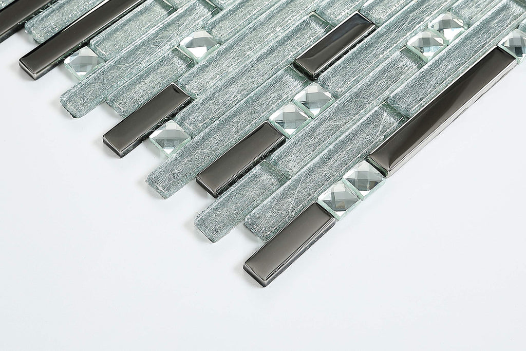 Silver Metallic Glass Mosaic Linear Wall Tile, 6 Sq Ft