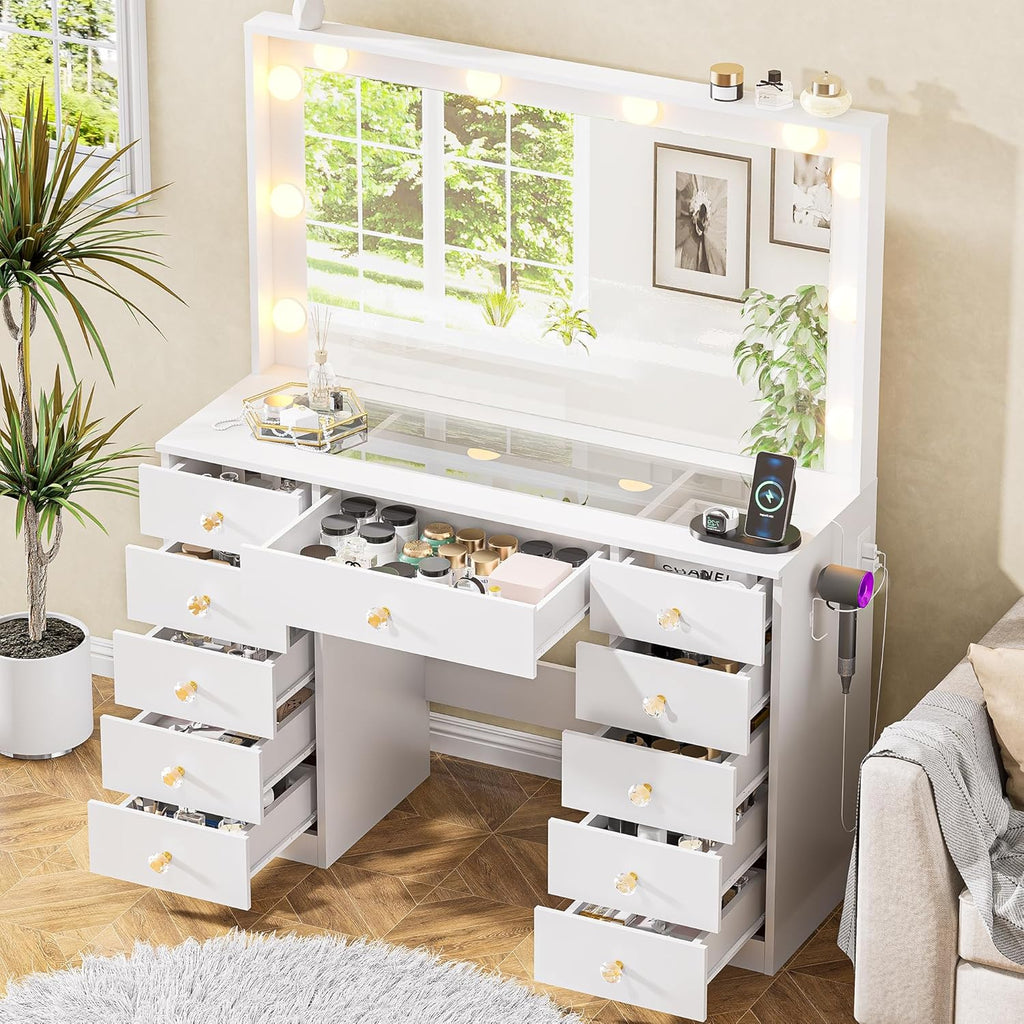 Vanity with Large Mirror and 10 LED Lights, Vanity Desk with Glasstop, 11 Drawers with Crystal Handles, Dressing
