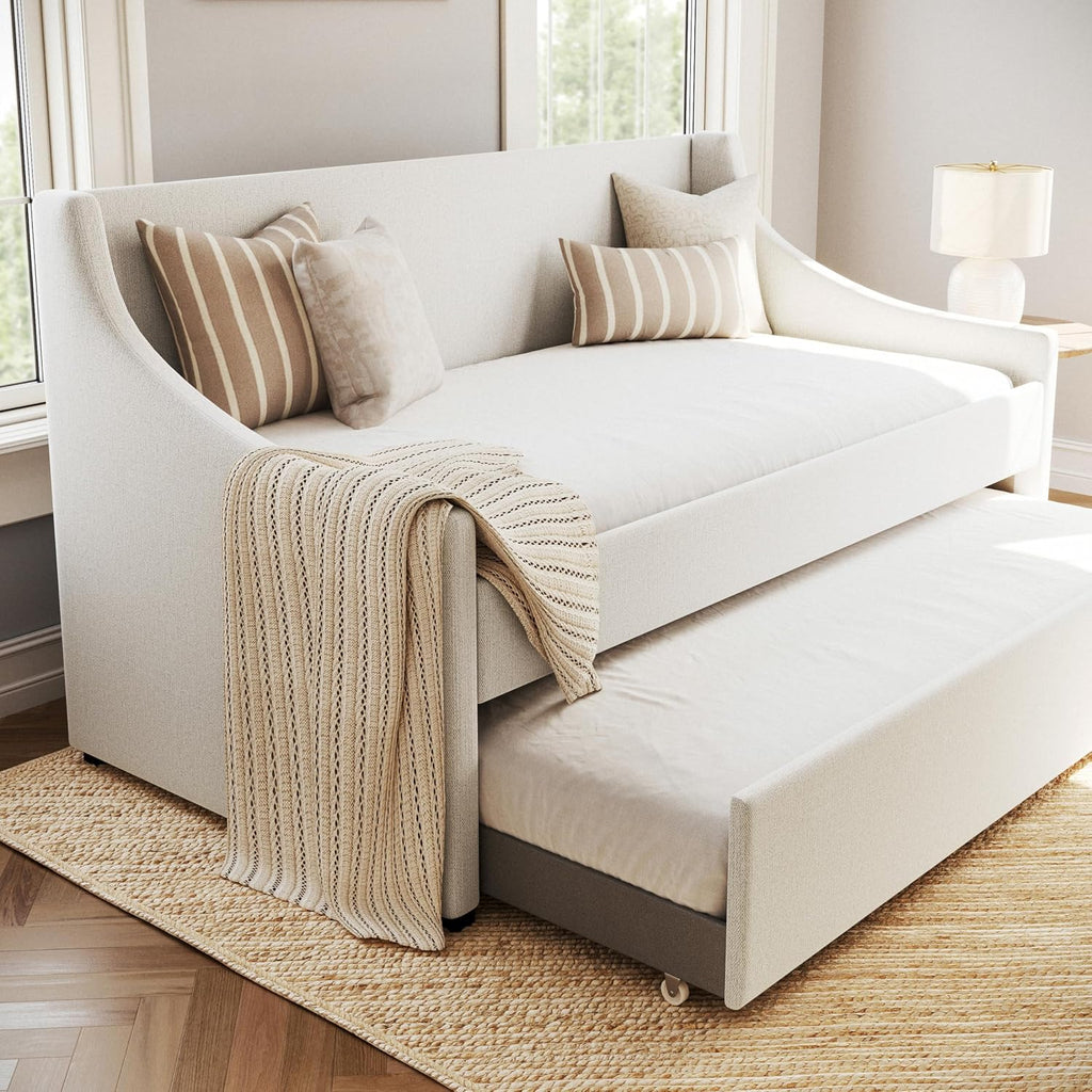 Simone Twin Upholstered Daybed with Trundle, Off-White | Pull-Out Trundle, Cushioned Headboard and Footboard, No Box