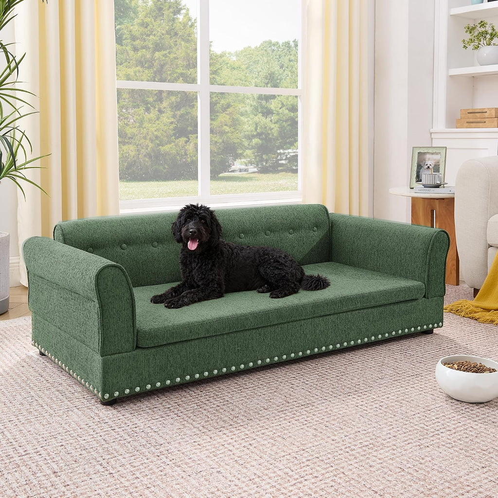 Oversized Sofa Pet Bed, Pet Bed Sofa with Backrest, Dog Couch Bed with Linen Fabric for Large Dogs, Olive Green