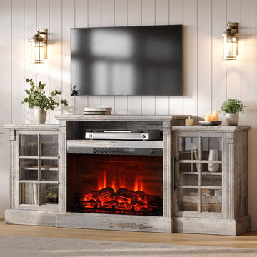 70" Farmhouse TV Stand with 28" Fireplace, Light Grey