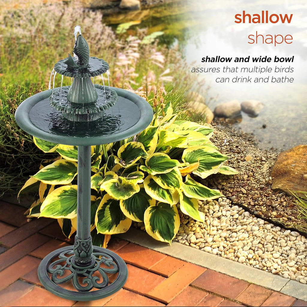 40" Tall Outdoor 3 Tier Pedestal Water Fountain with Vintage Birdbath Accent, Garden Decor, Green