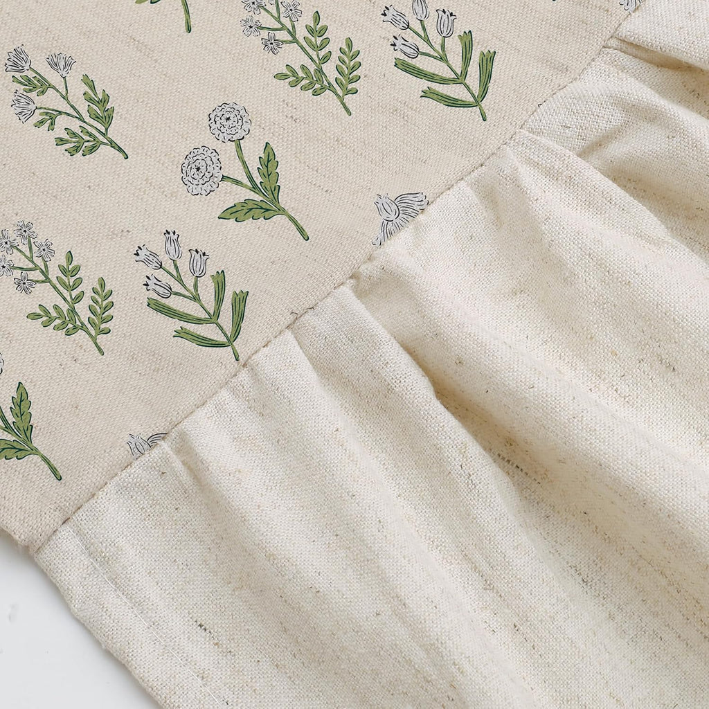 Linen Textured Ruffle Shower Curtain - Vintage Floral Block Print in Beige and Green, Boho Cottagecore Farmhouse