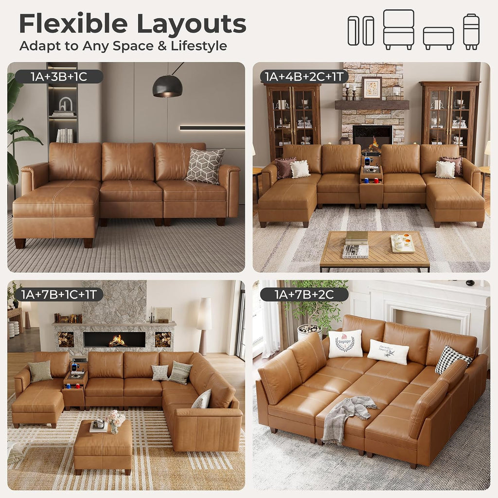 Modular Leather Accent Chair with Storage, Plush-Top Armrest, Brown