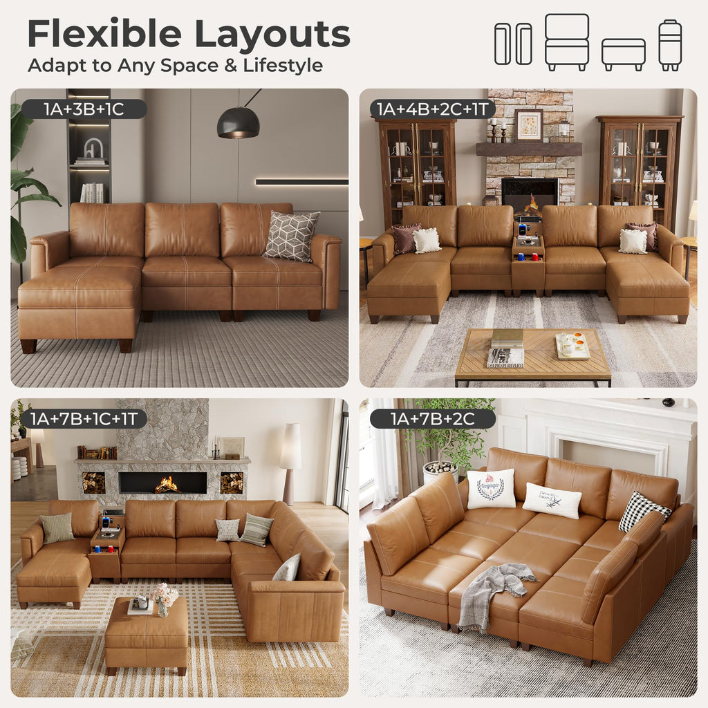 Faux Leather Sectional Sofa, 6 Seater V-Shaped Couch, Brown