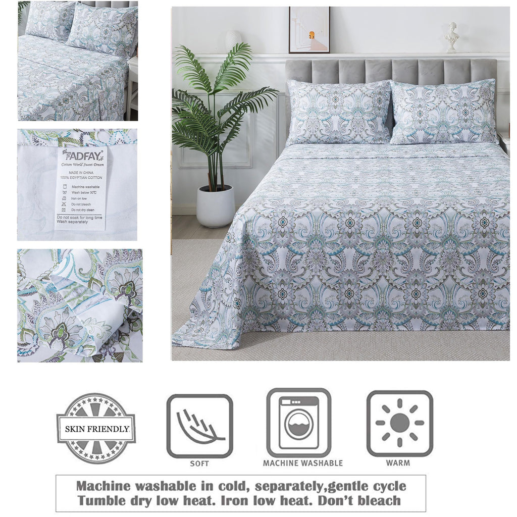 Blue Paisley Sheets Set Queen Classic Boho Paisley Bedding Luxurious Bohemian Damask Paisley Bed Sheet Breathable