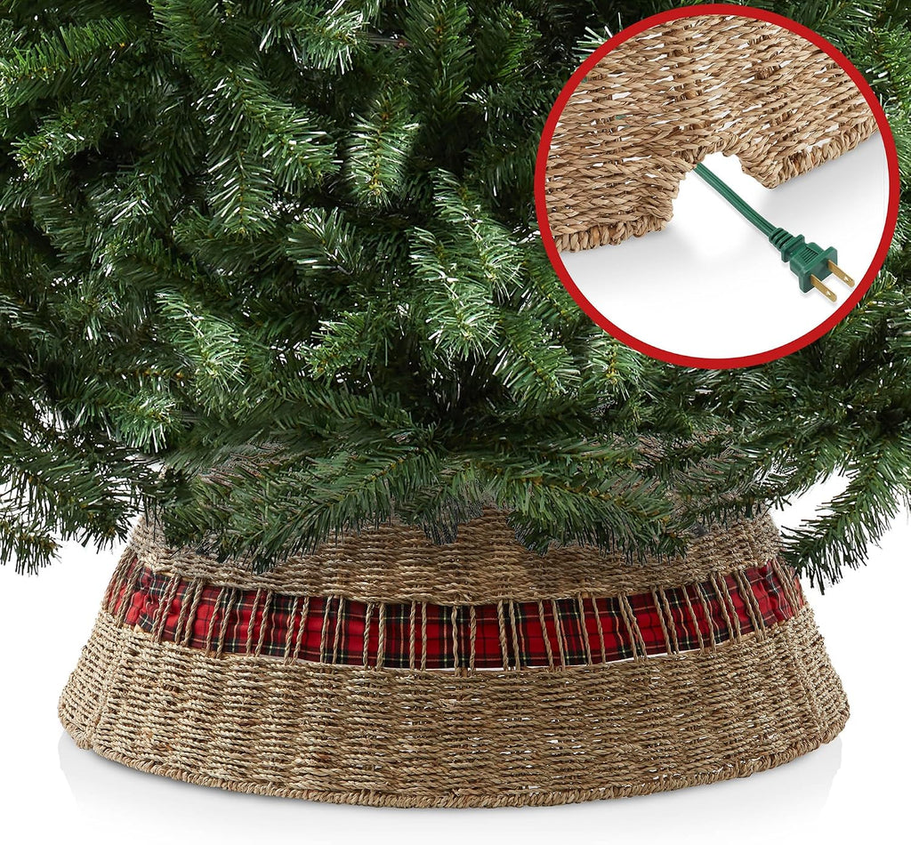 32-Inch Christmas Tree Collar, Seagrass Woven Farmhouse Tree Base Cover with Cord Cut Out, Natural