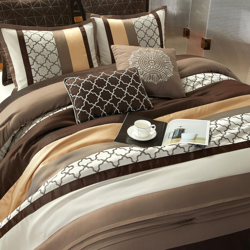 Brown Comforter Set Queen, 8 Pieces Bed in a Bag, Lightweight Microfiber, Ultra-Soft, Jacquard Premium Bedding Set