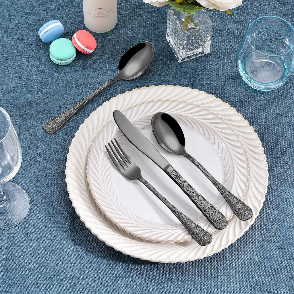 Vintage Carved Black Stainless Steel 20-Piece Flatware Set