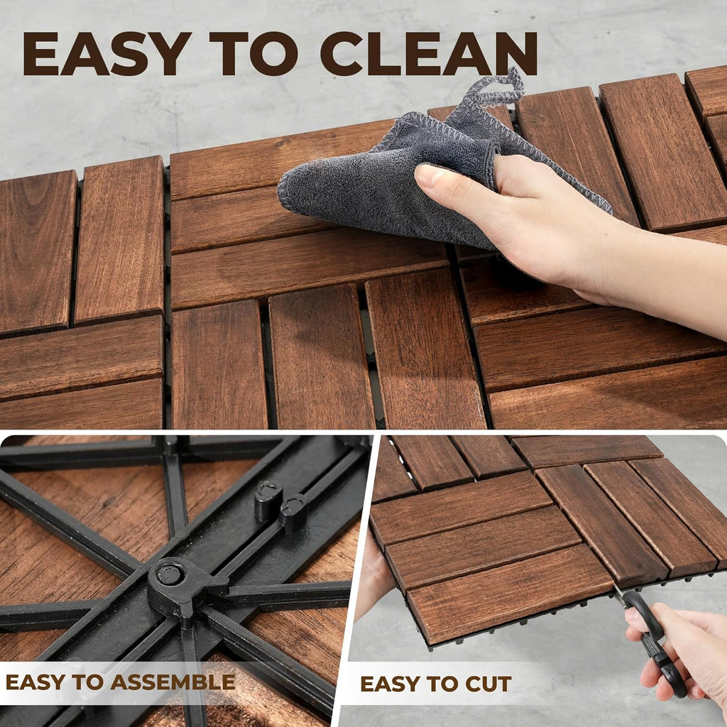 Premium Acacia Wood Interlocking Deck Tiles - Set of 9 pcs, 12"x12", Waterproof Outdoor Patio Flooring
