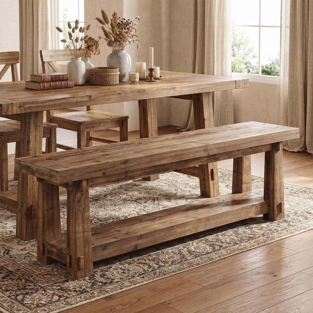 55" Wood Entryway Bench with Shoe Storage, Rustic Dining Bench