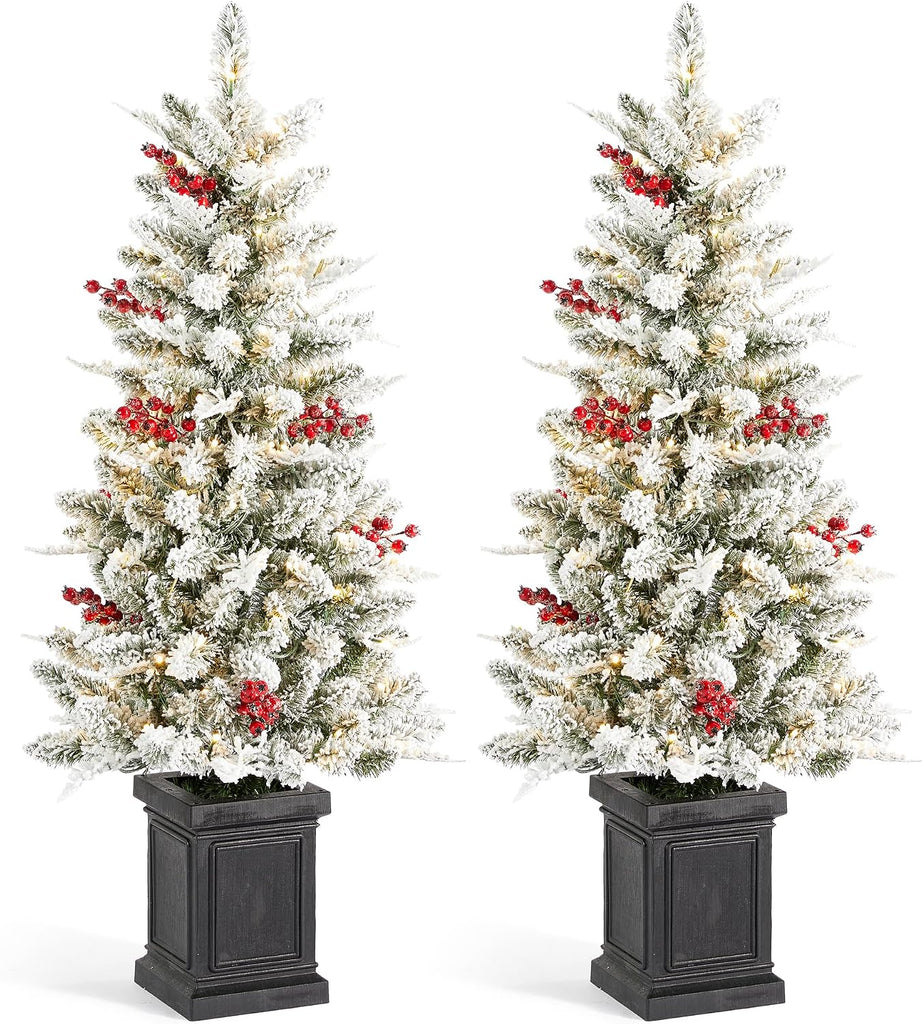 4ft Prelit Christmas Tree Set of 2, Flocked Artificial Christmas Porch Tree with Red Berries and 60 Warm