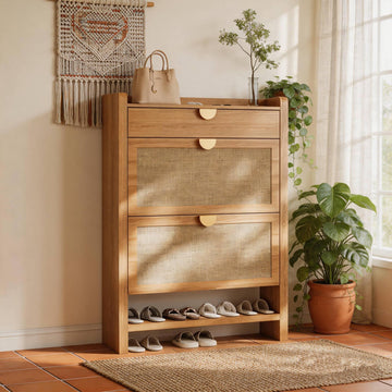Rattan Shoe Storage Cabinet with 2 Flip Drawers, Narrow Shoe Cabinet, Free Standing Hidden Shoe Storage, Shoe Rack