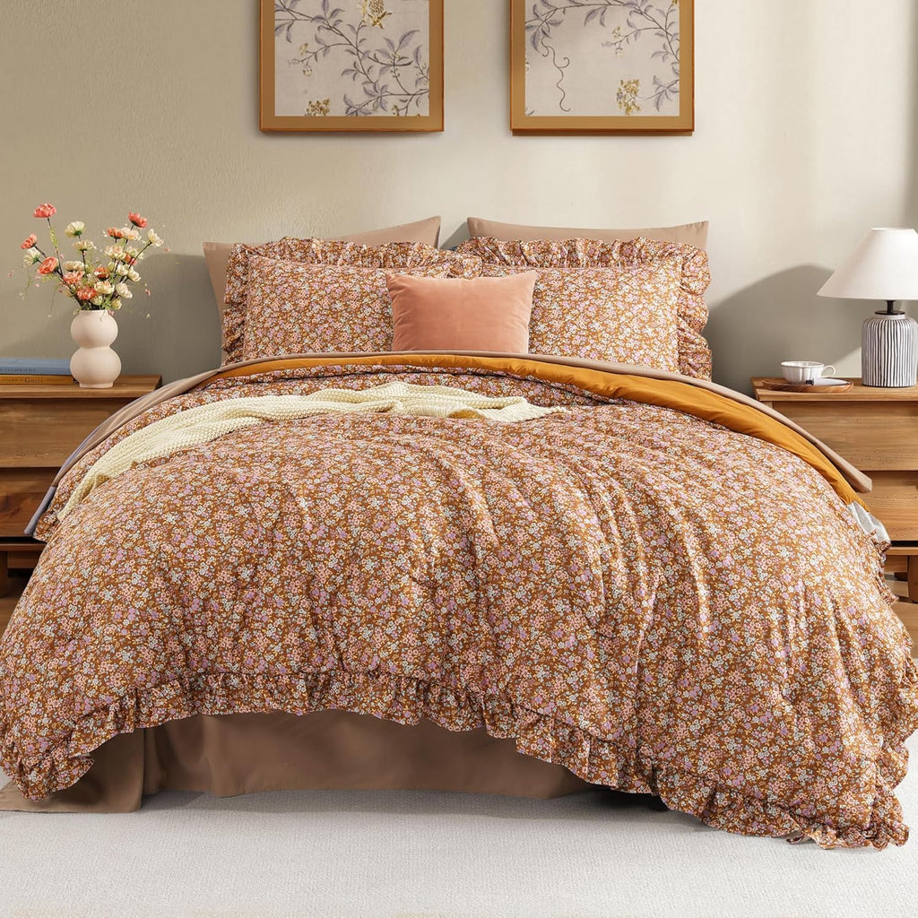 Queen Comforter Set - 7 Pieces Ruffle Brown Bedding Sets, Shabby Chic Farmhouse Bed in a Bag with Ruffle Comforter