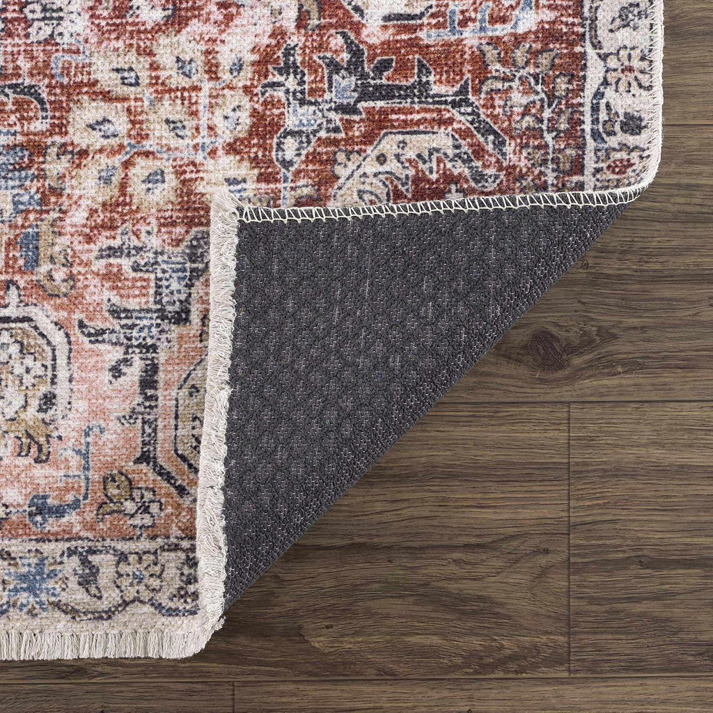 Wentworth Machine Washable Area Rug - Floral Distressed Border Medallion Faded - Traditional Oriental Vintage