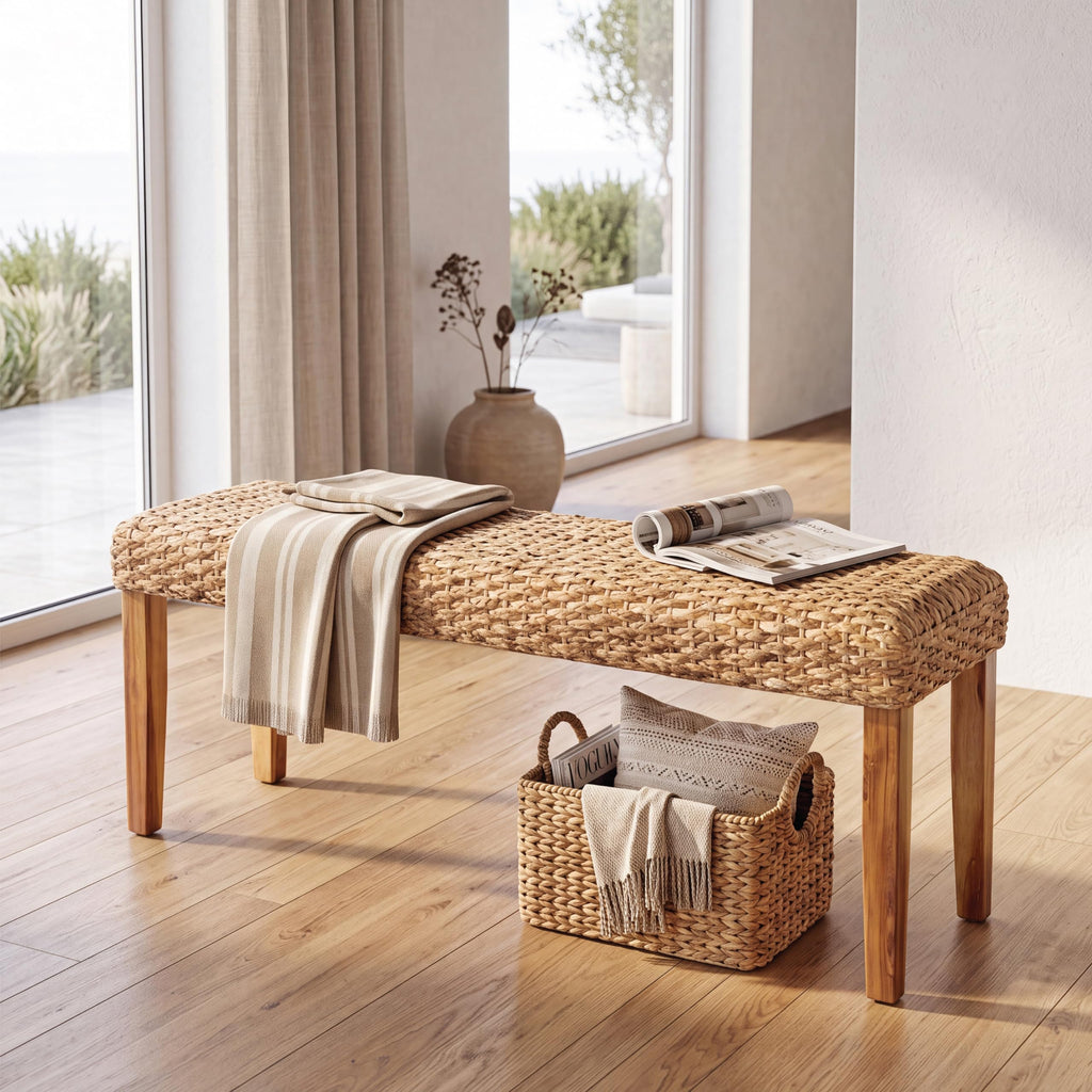 Indoor Wicker Bench 47" Solid Wood Acacia & Natural Woven Seat, Natural Leg