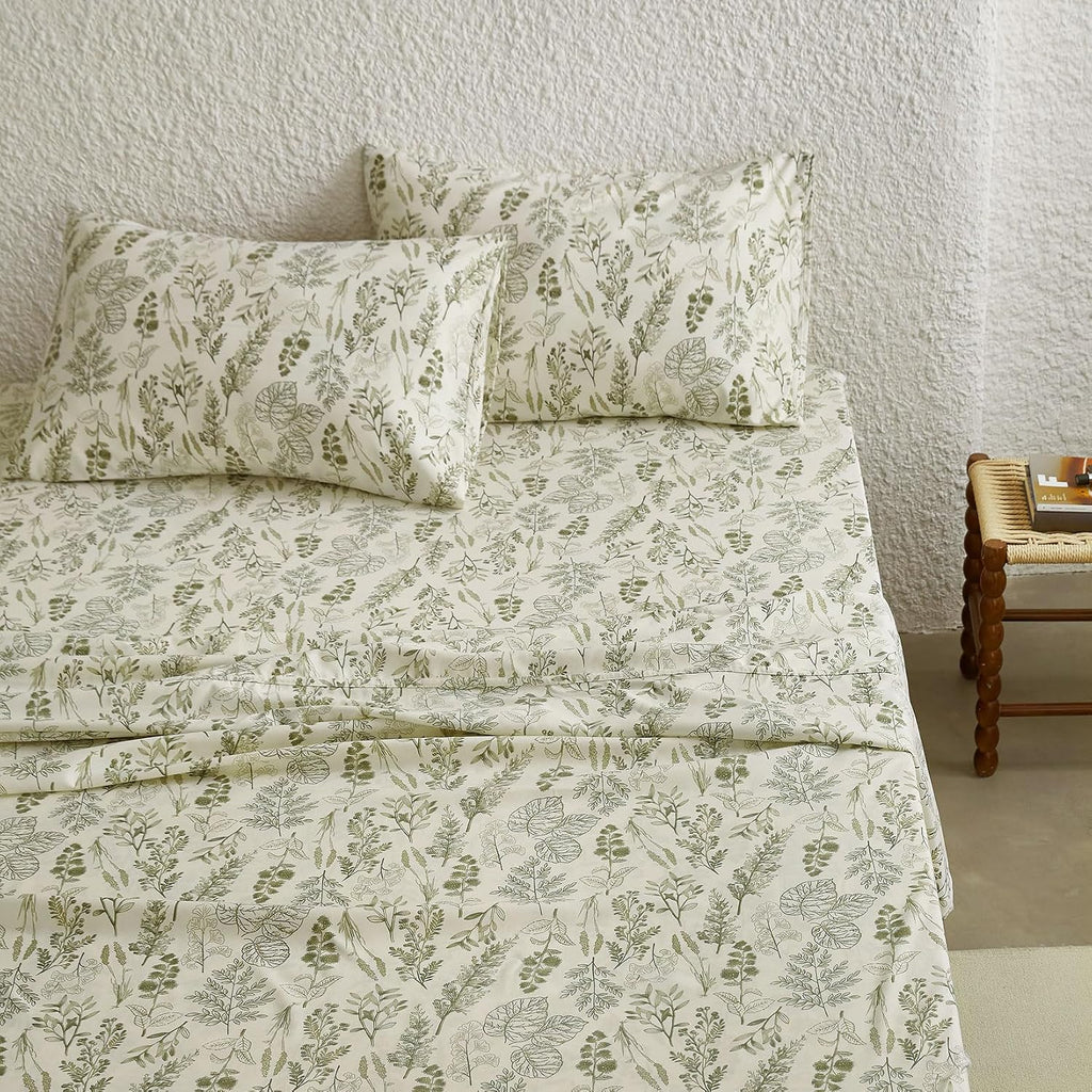 Bed Sheets, 4-Piece Sheet Set, Floral Shabby Chic Leaves Pattern Printed Coquette Vintage Aesthetic