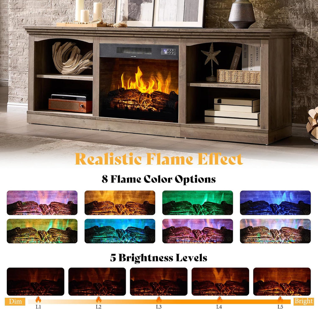 70 Inch Fireplace TV Stand for TVs up to 80", Farmhouse Entertainment Center with 23" Electric Fireplace One-Box