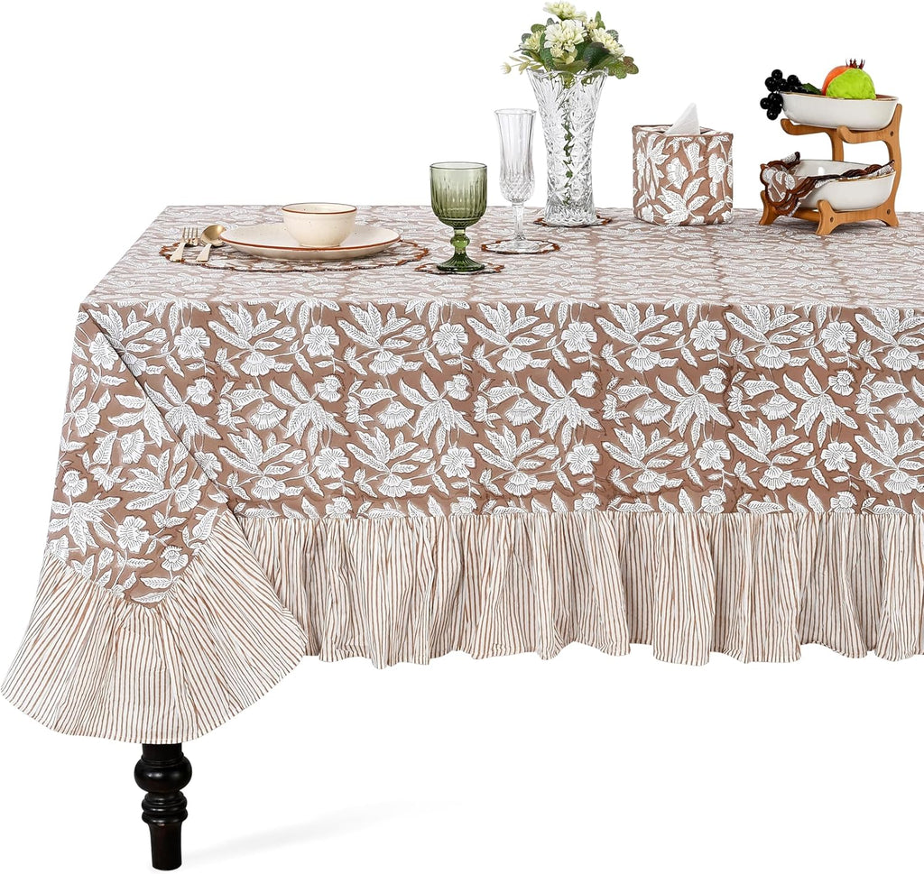 Oak Brown Ruffle Block Print Tablecloth 100% Cotton 60x120 Rectangle Floral Table Cover, Elegant, Vi