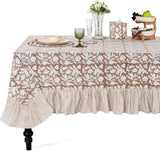 Oak Brown Ruffle Block Print Tablecloth 100% Cotton 60x120 Rectangle Floral Table Cover, Elegant, Vi