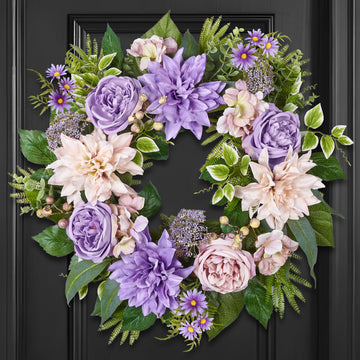 24 Inch Spring Summer Wreath for Front Door with Roses Dahlias Silk Flowers with Berry Greenery for All Seasons