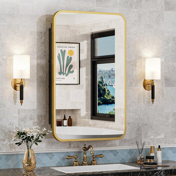 16x24 Inch Mirror Medicine Cabinet Gold Metal Frame Bathroom Medicine Cabinet with Mirror Recessed or Wall Mounted