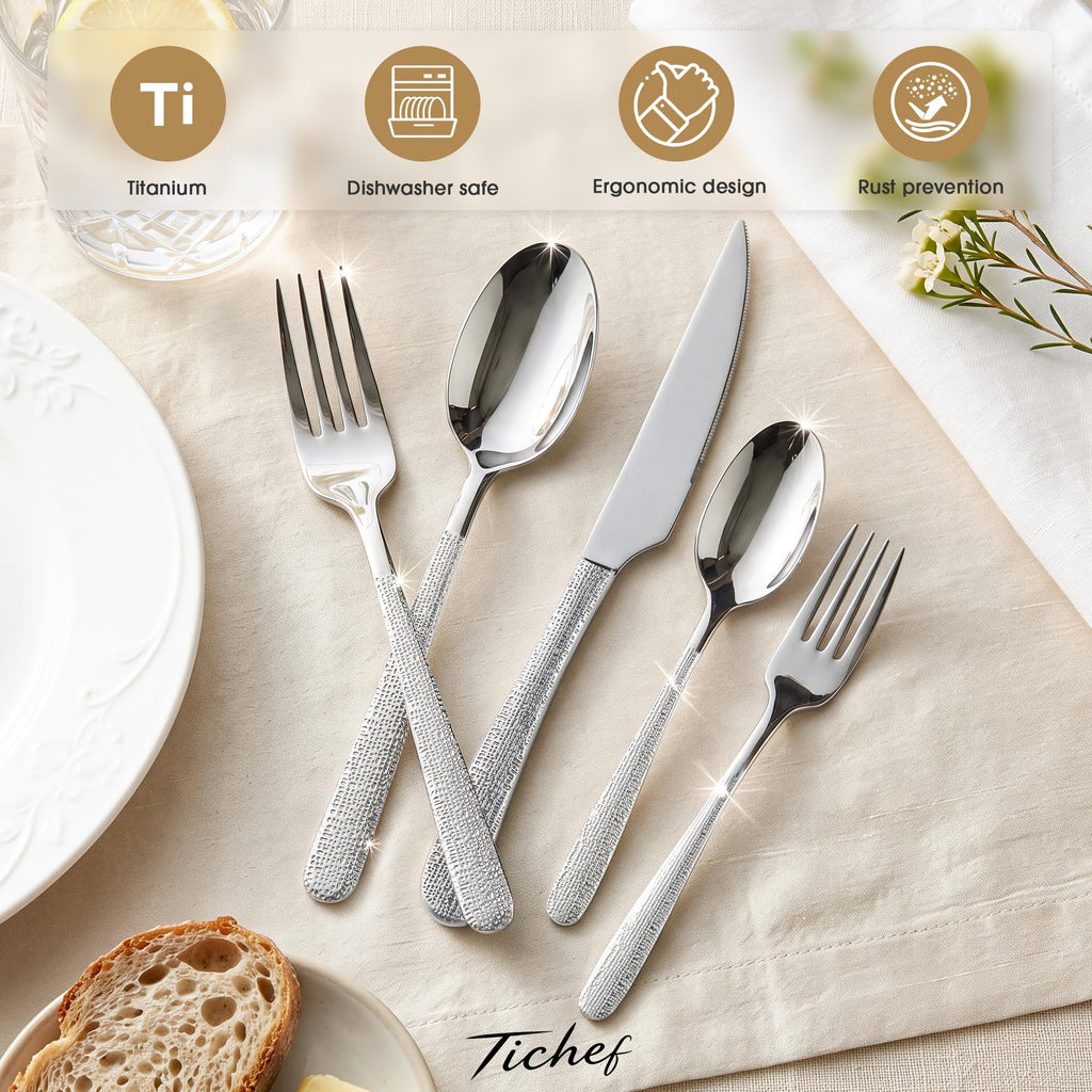 Titanium Silverware Set for 4, 20 Pcs Hammered Silverware Set, Dishwasher Safe, Heavy Duty Forks Spoons Tableware