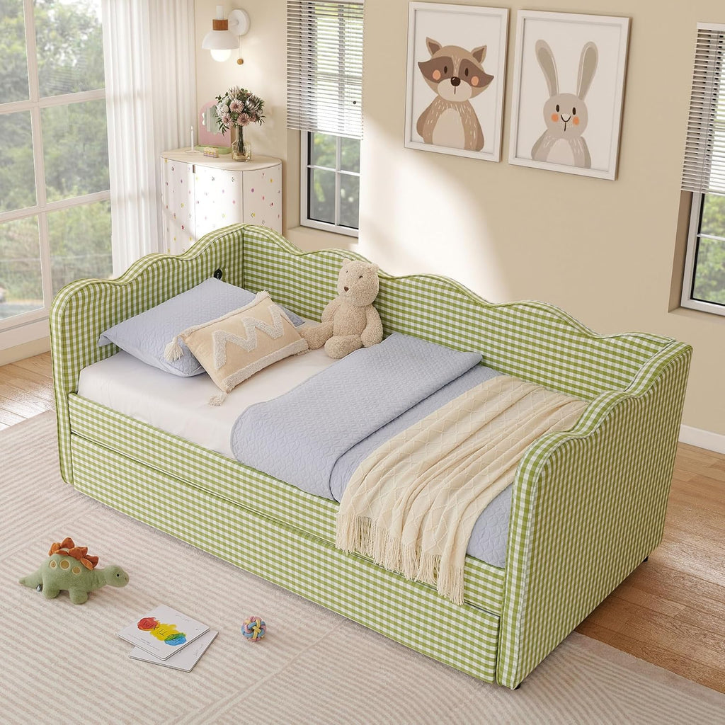 Twin Size Daybed with Pop Up Trundle, Linen Gingham Twin to King Daybed with USB Ports, Upholstered Day Bed Frame