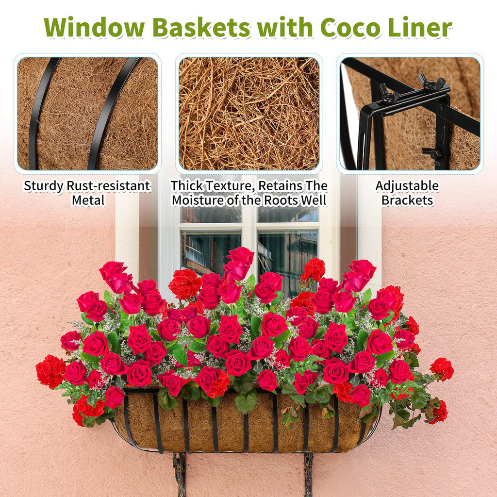 2 Pieces Railing Planter Boxes, 36 Inches Window Box Planters with Coco Liner and Adjustable Brackets for Deck Porch