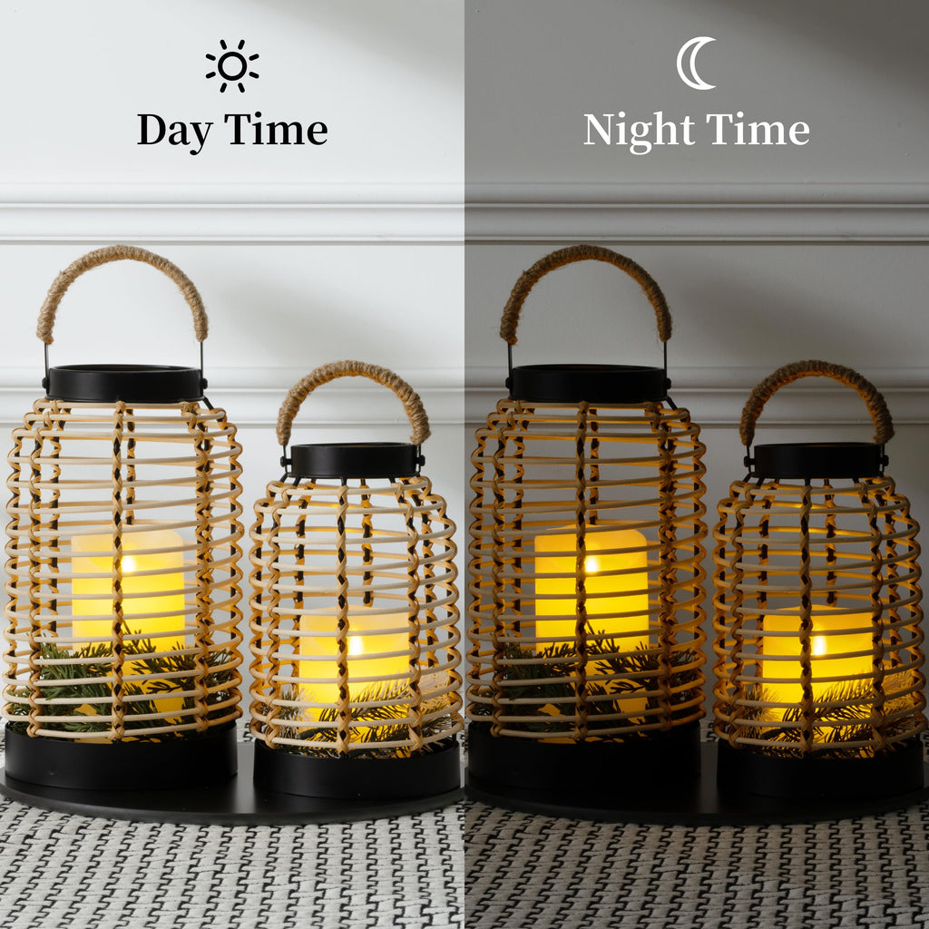 Handwoven Rattan Lantern Set, Straw Handle, Boho Style, Patio Lanterns.