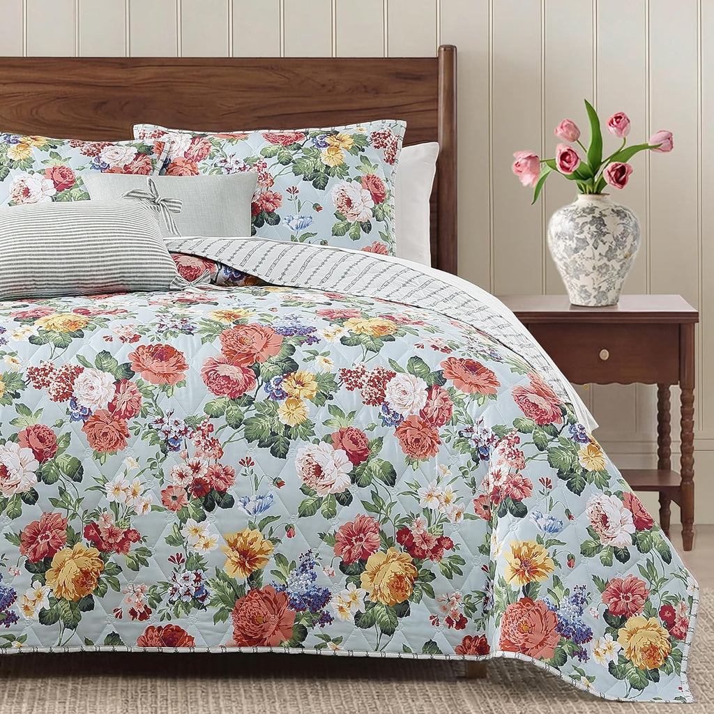 Floral Quilt Set Queen, 3 Piece Reversible Lightweight Soft Bedspread Coverlet, Garden Farmhouse Botanical Diamond