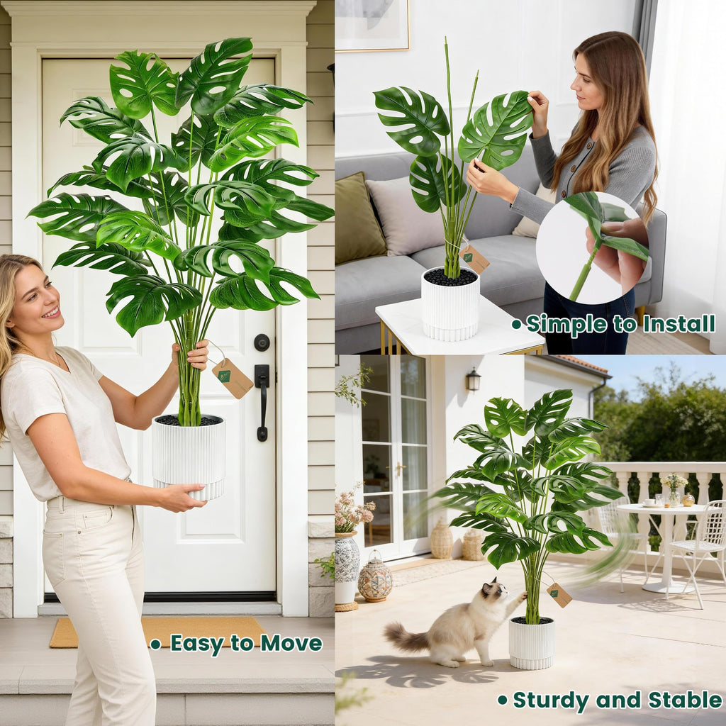 44" Artificial Plants Indoor, Monstera Floor Plant in White Pot